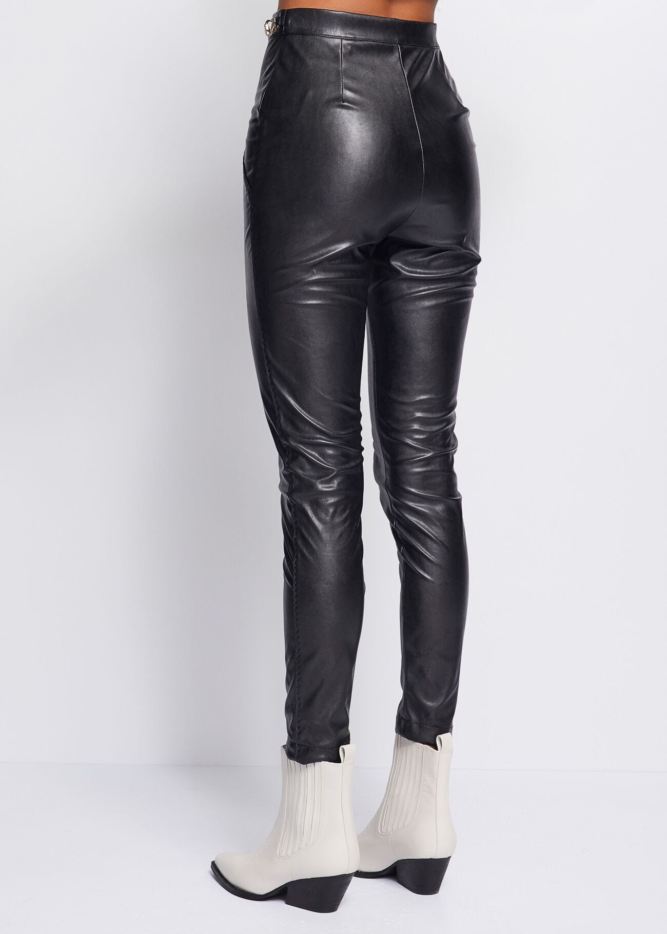 Faux-leather trousers with jewel accessory