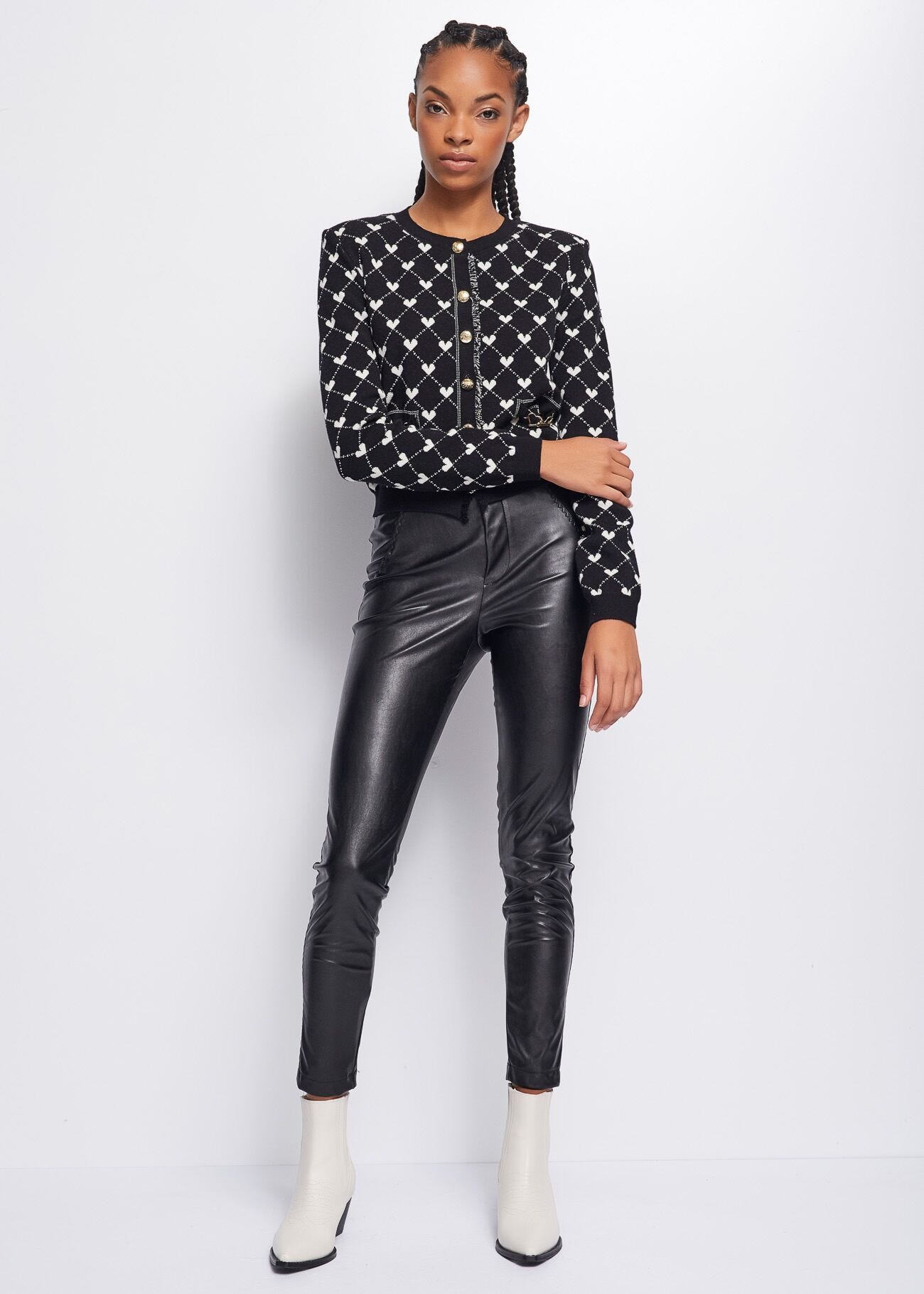 Faux-leather trousers with jewel accessory