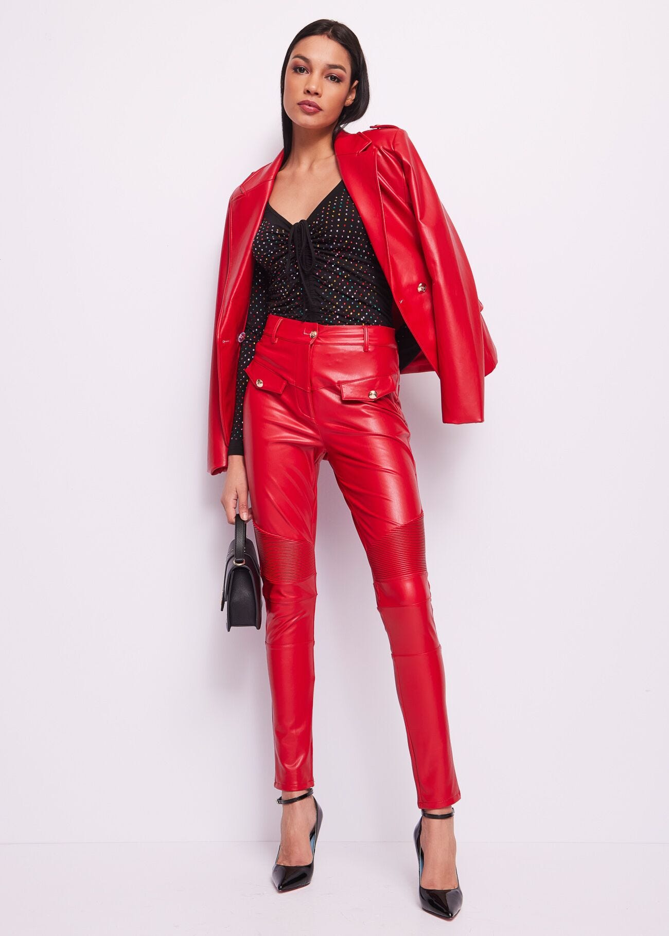 Red leatherette trousers
