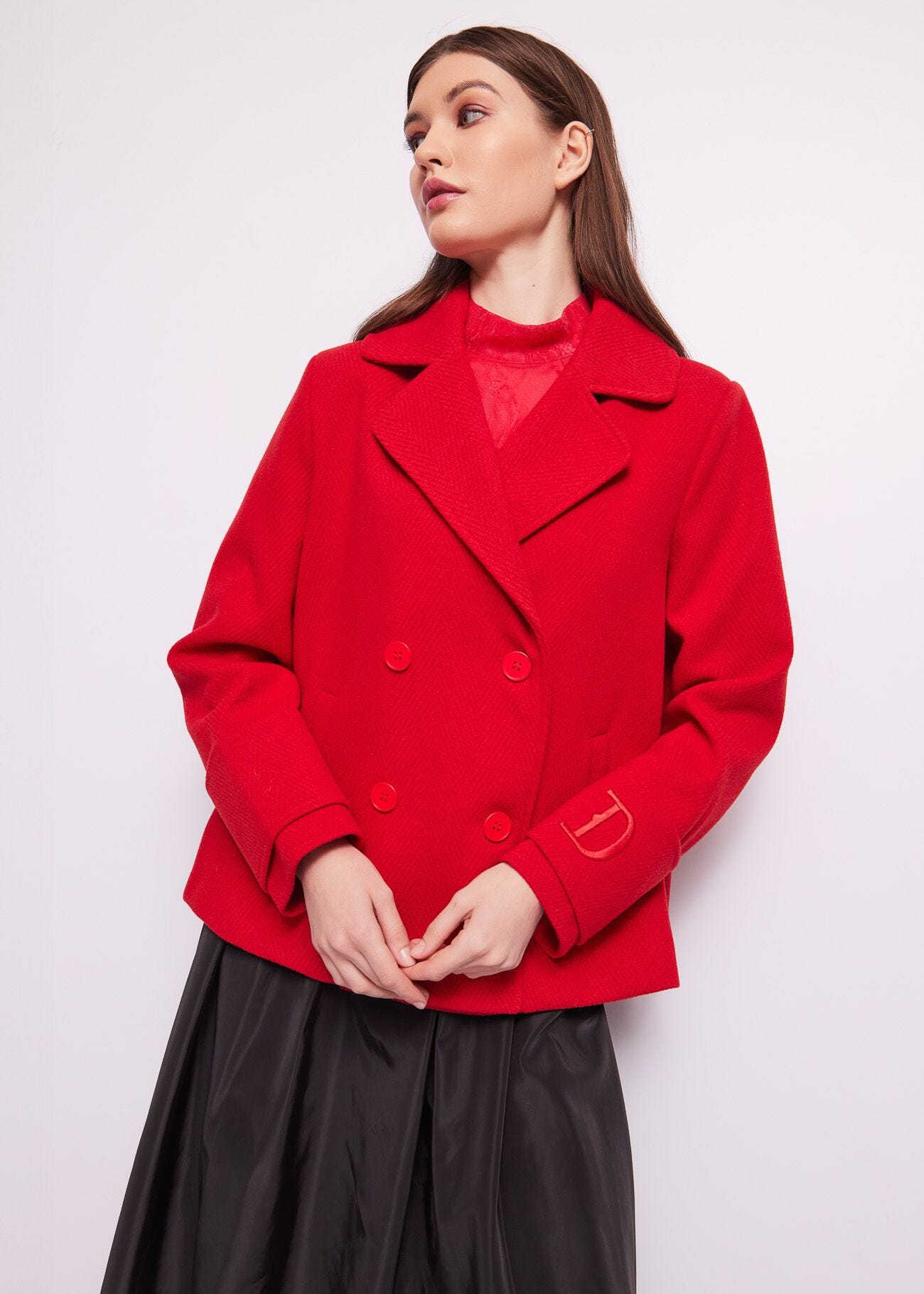 Red double-breasted pea coat