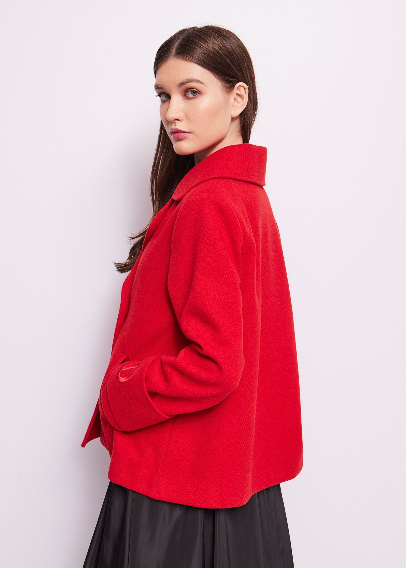 Red double-breasted pea coat