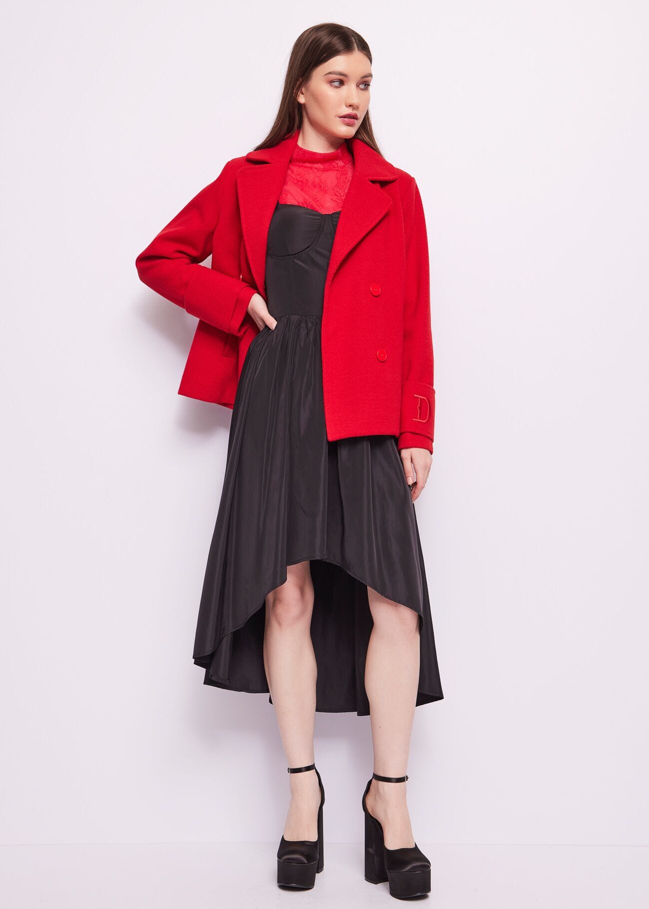 Red double-breasted pea coat
