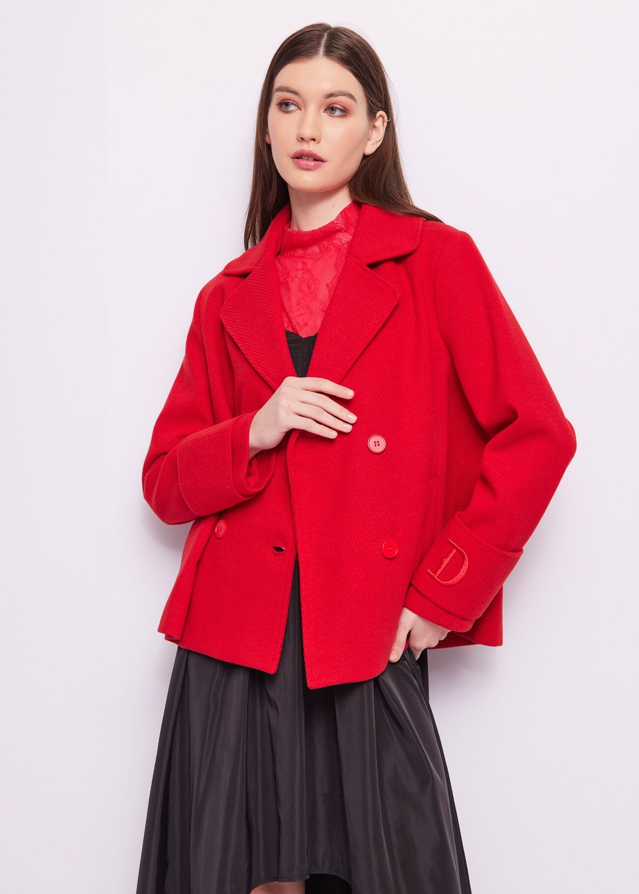 Red double-breasted pea coat