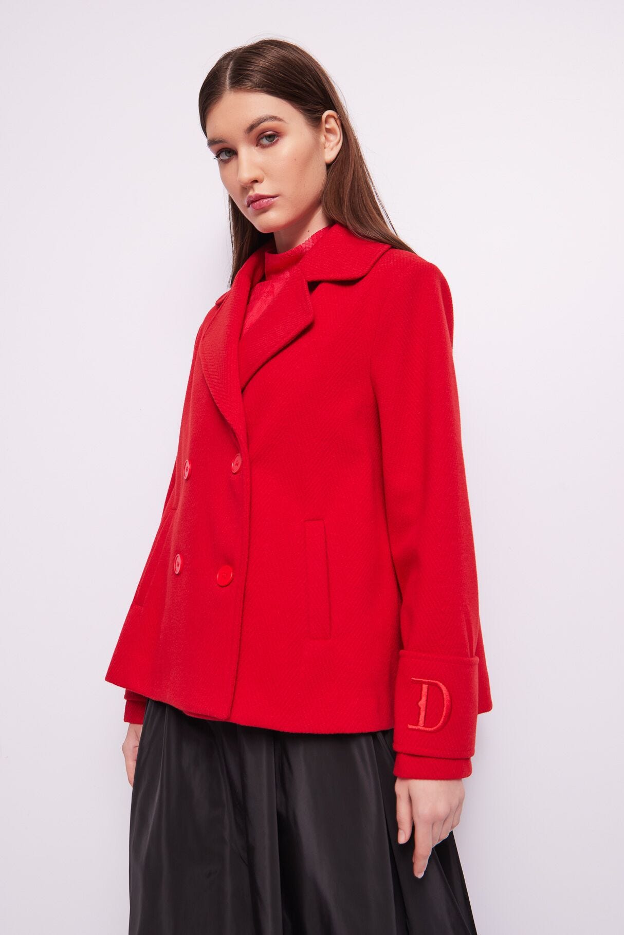 Red double-breasted pea coat