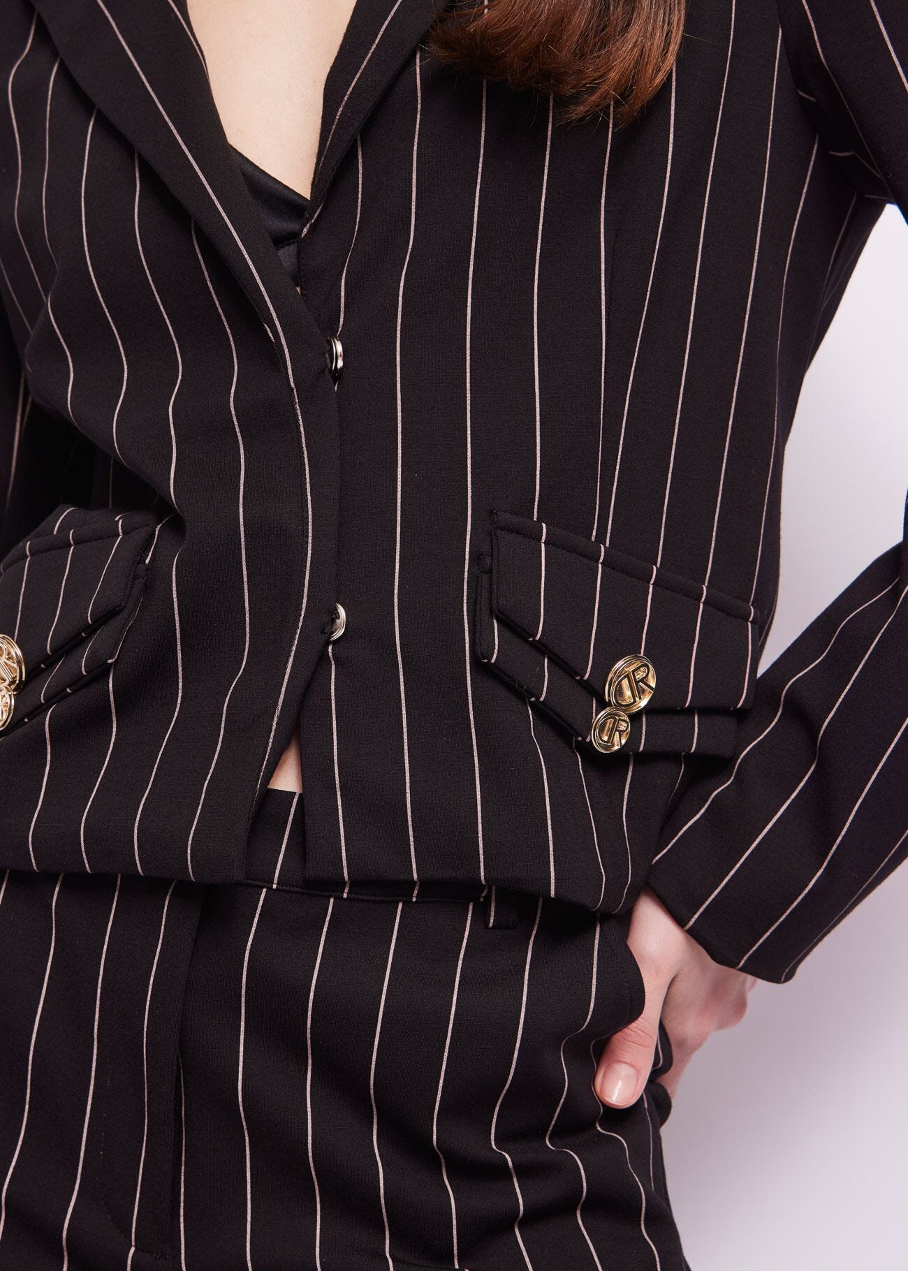 Black pinstripe jacket with buttons