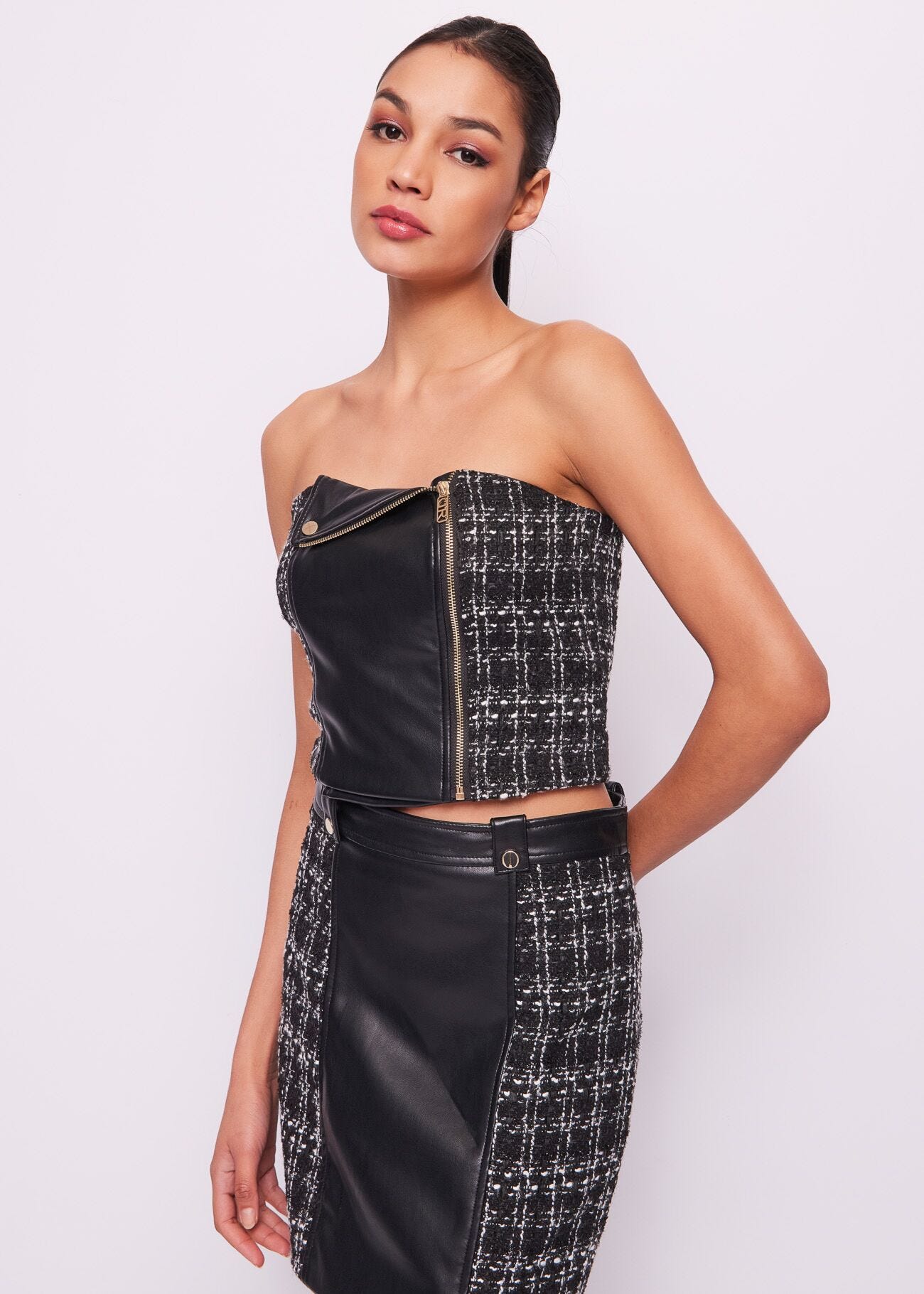 Top in bouclé and leatherette