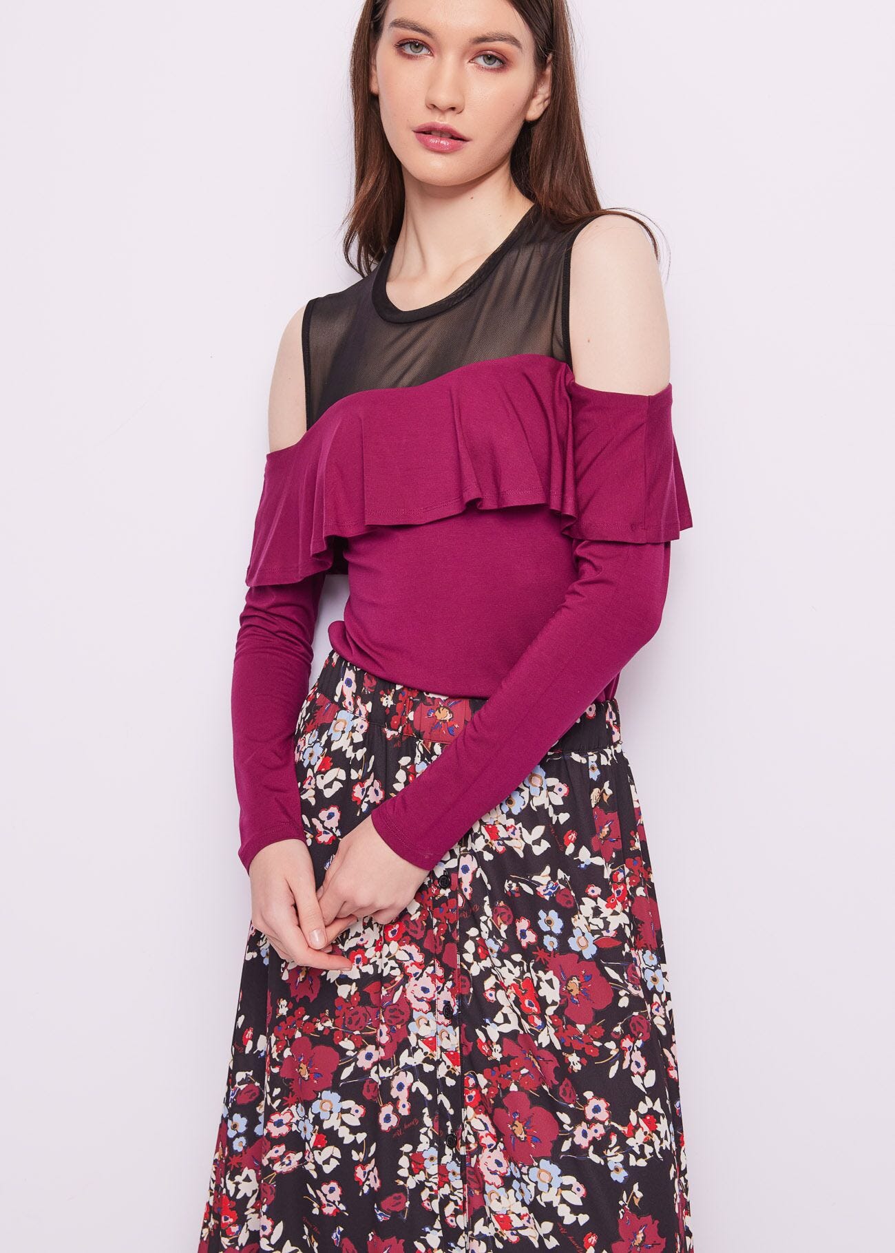Fuchsia jersey t-shirt with tulle