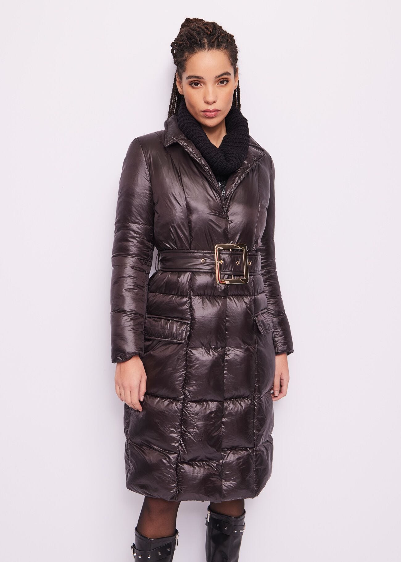 Belted nylon down jacket