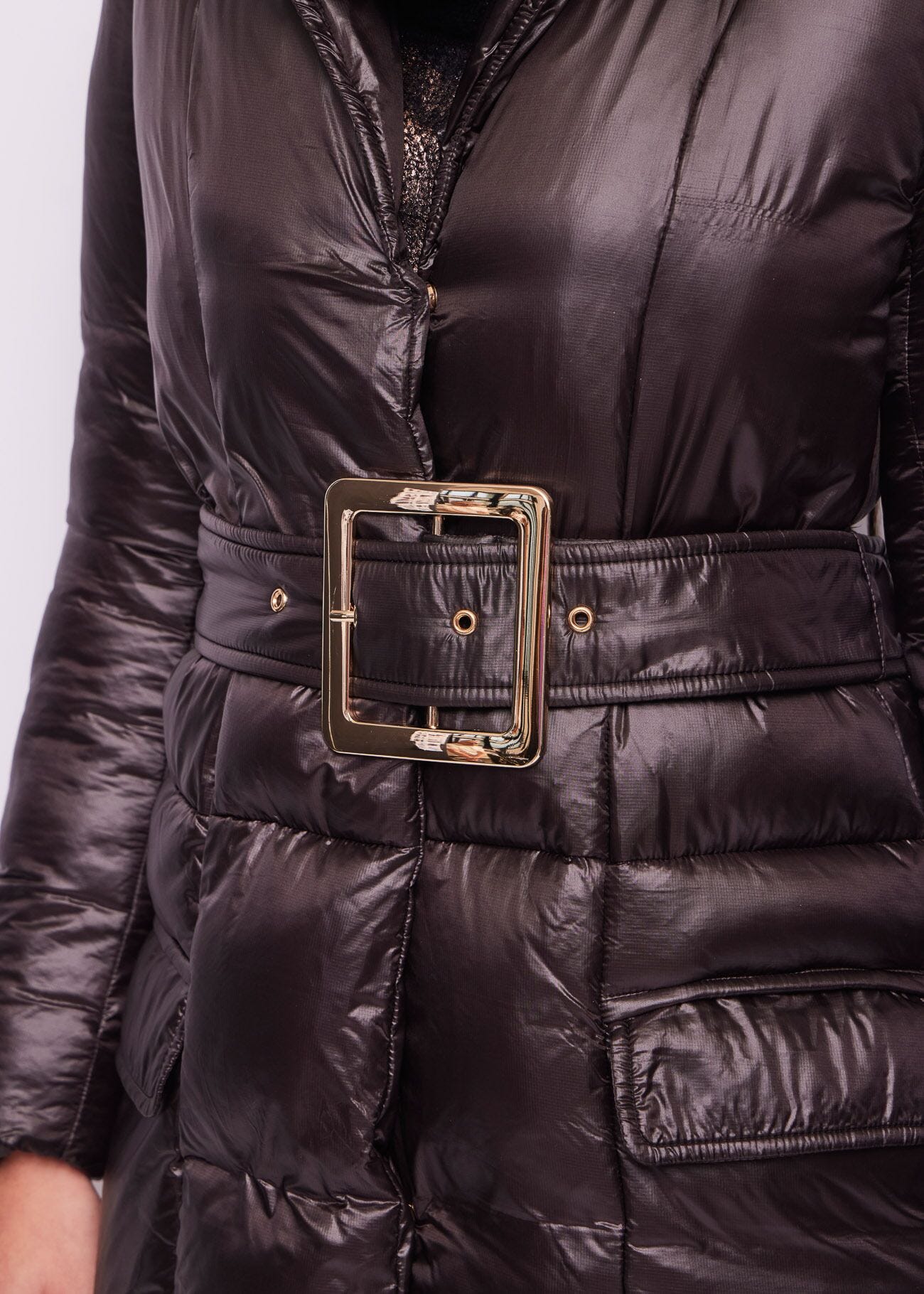 Belted nylon down jacket