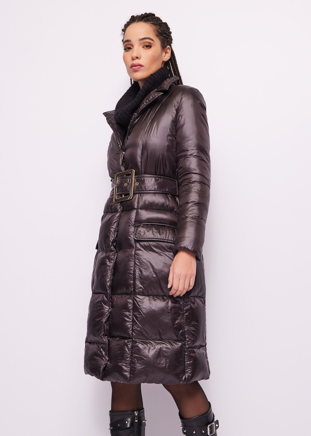 Belted nylon down jacket