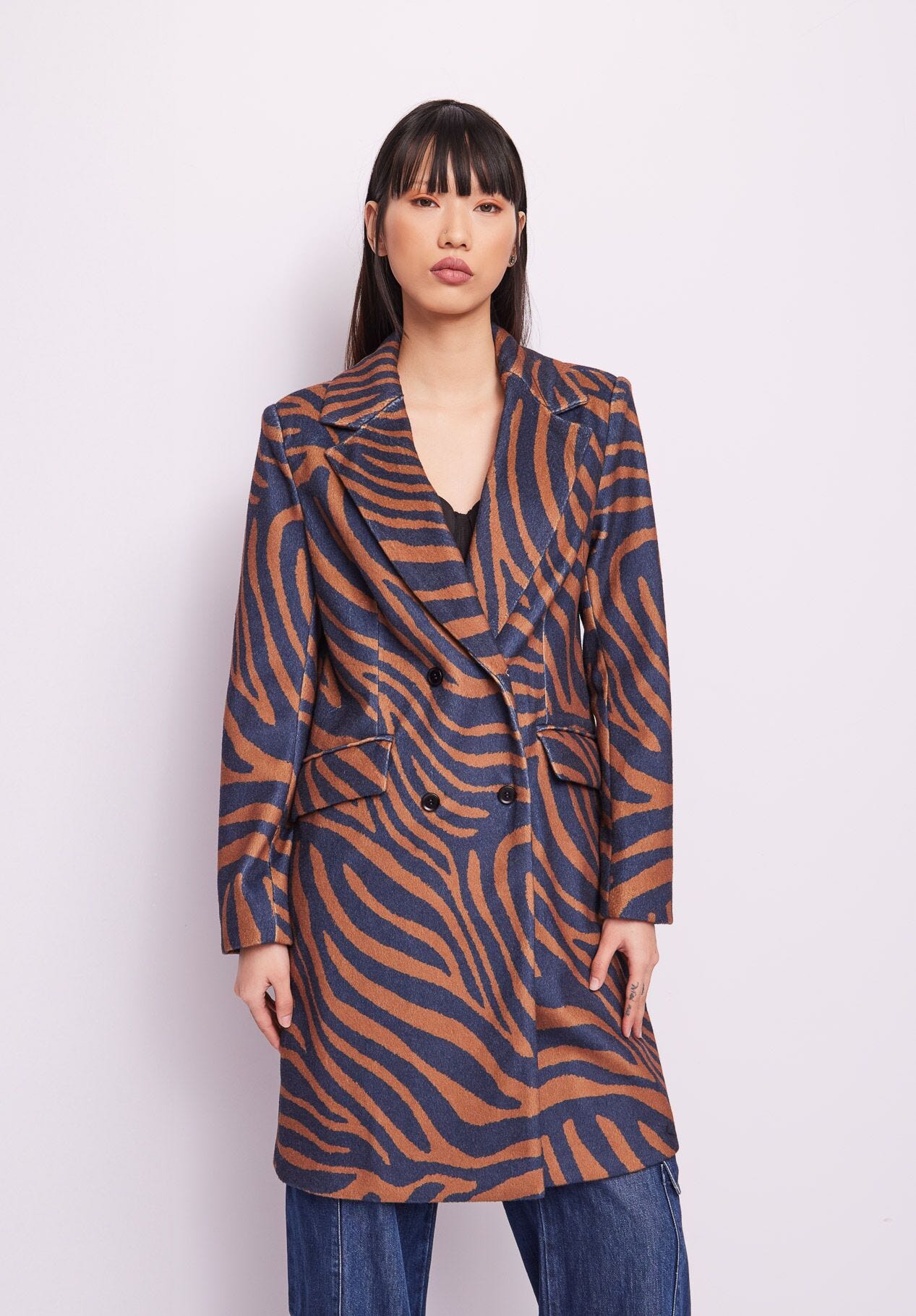 Double-breasted print coat