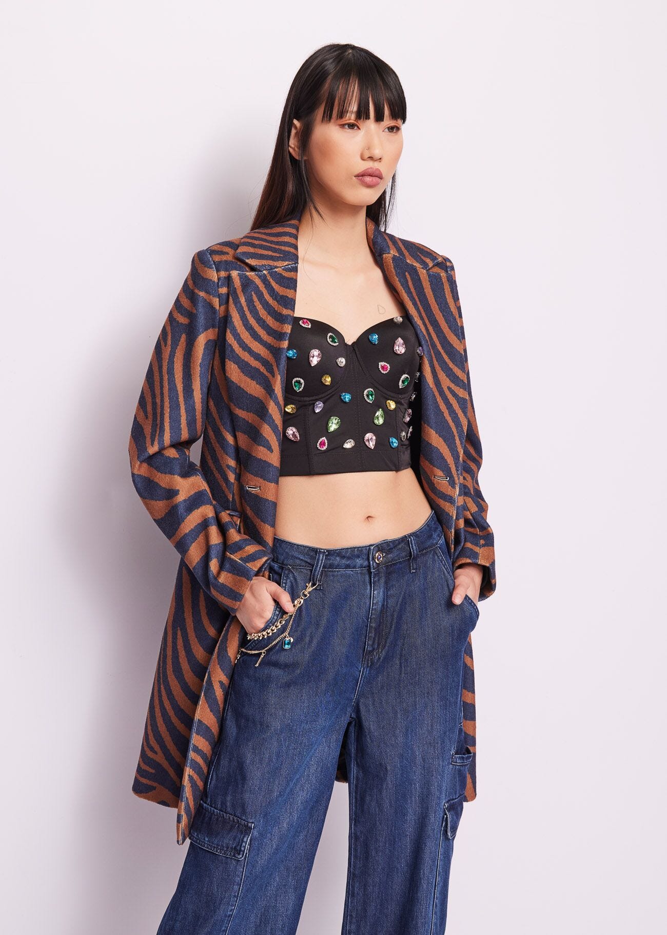 Double-breasted print coat