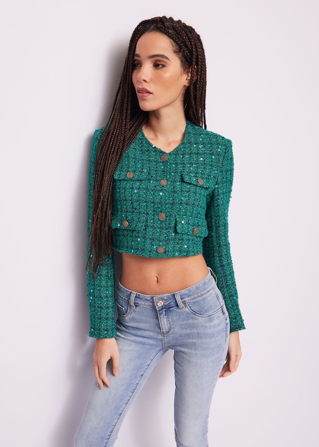 Chaqueta corta en bouclé verde