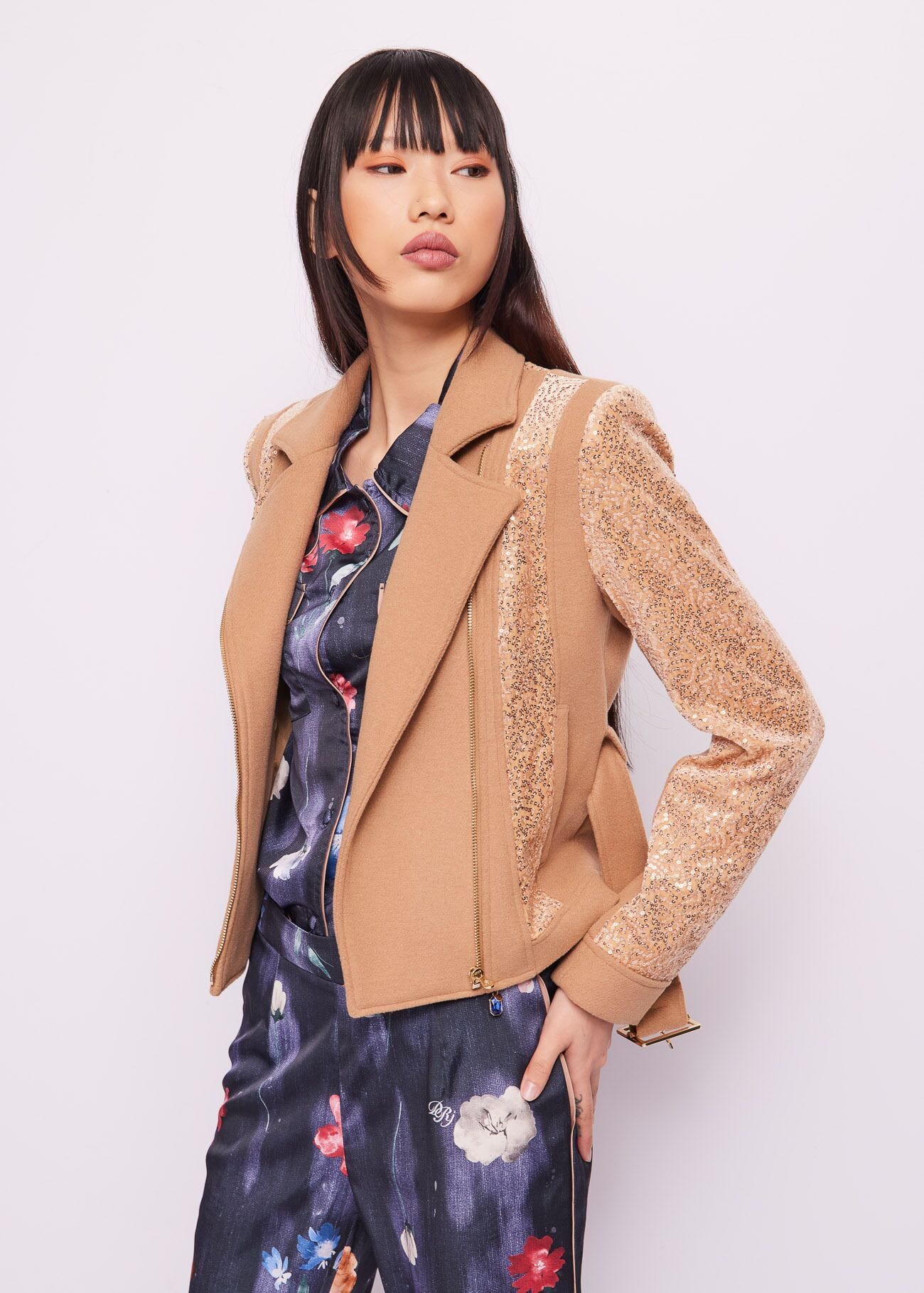 Beige wool-blend biker jacket