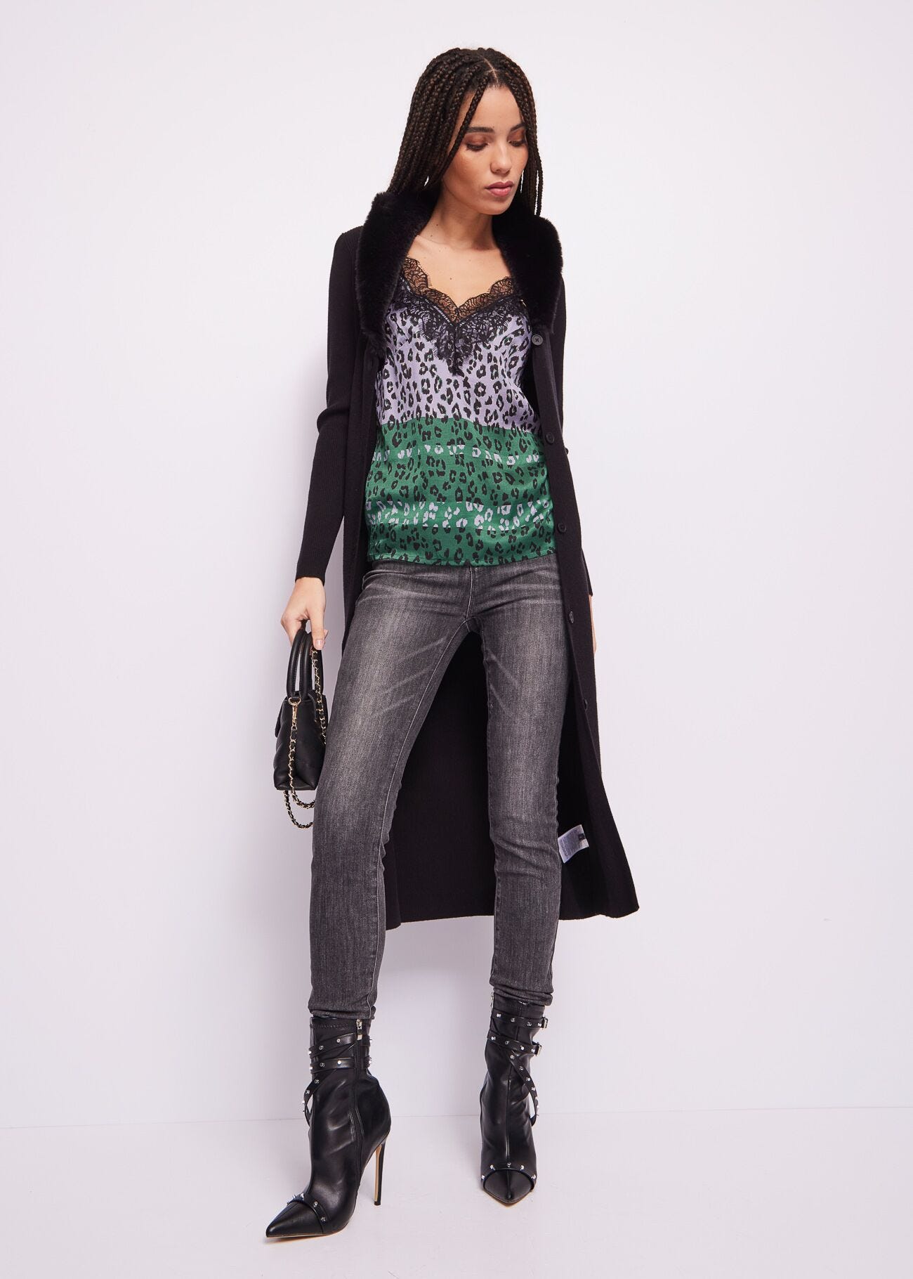 Top in raso stampato con pizzo