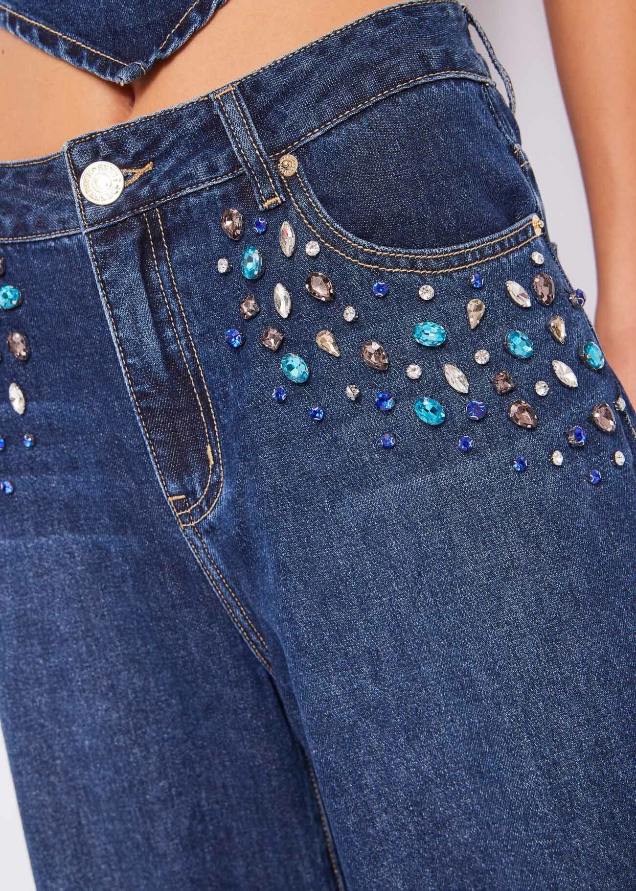 Jeans wide cropped con strass