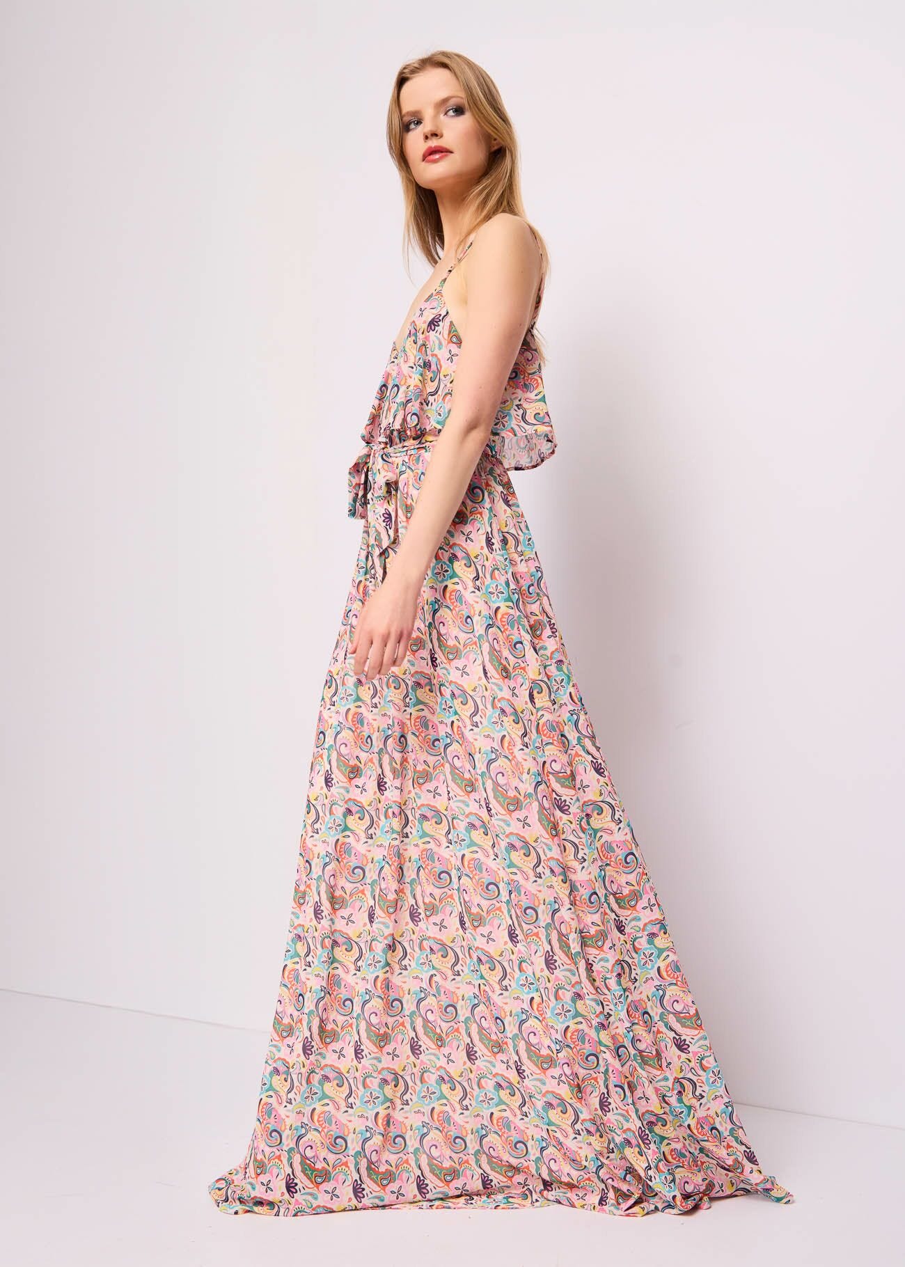 Vestido largo en georgette estampado