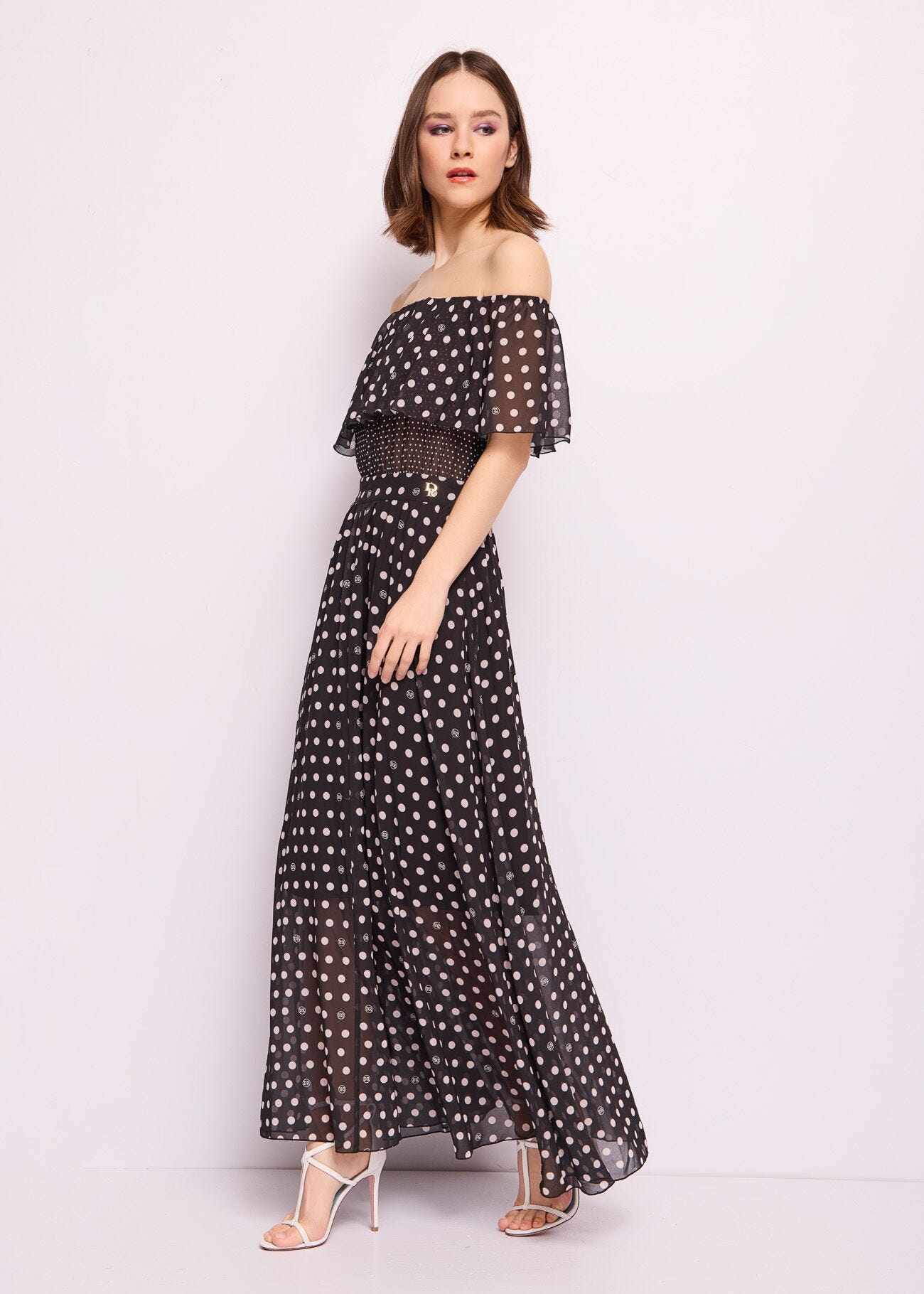 Abito lungo in georgette a pois
