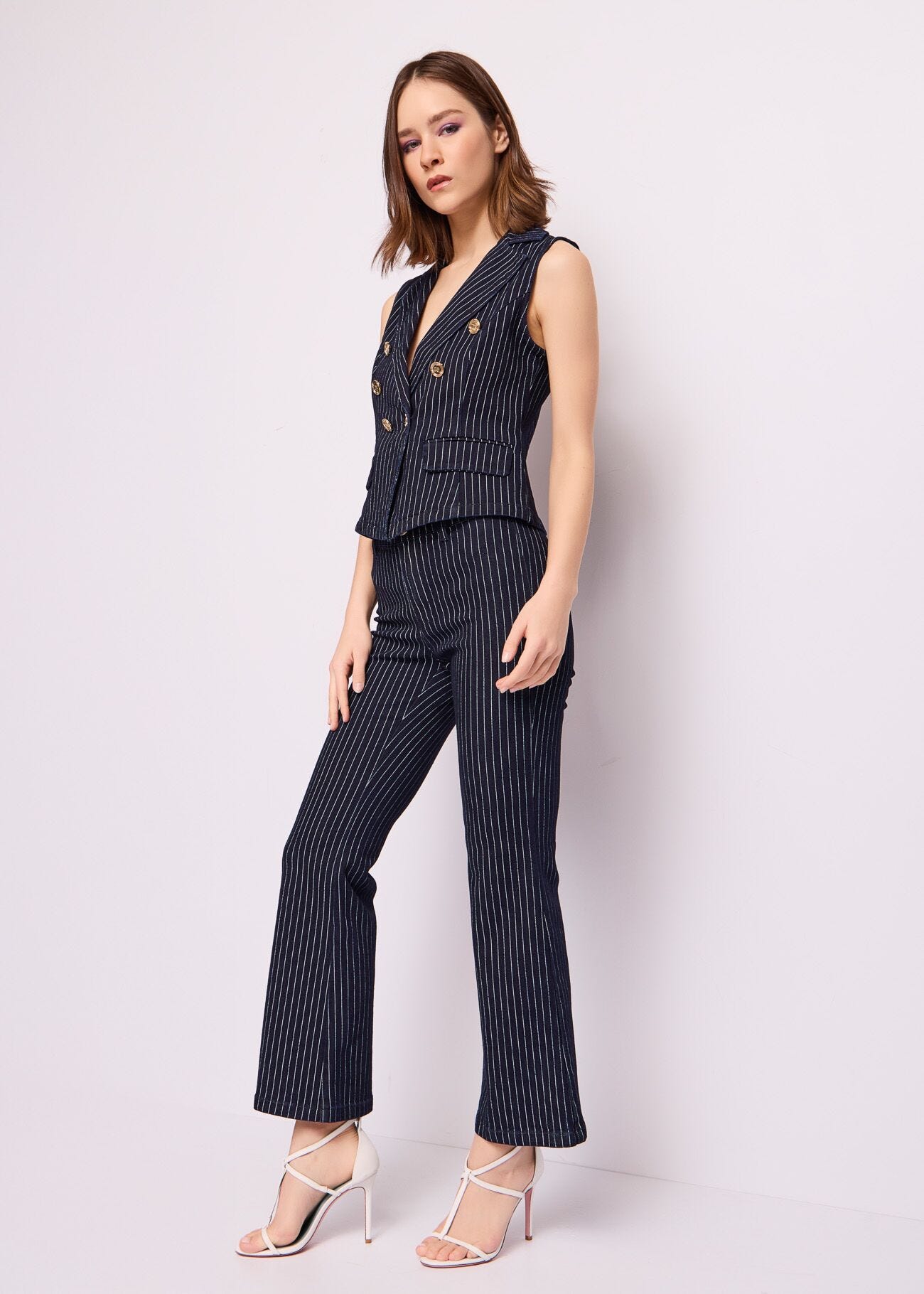 Gilet gessato in denim di cotone