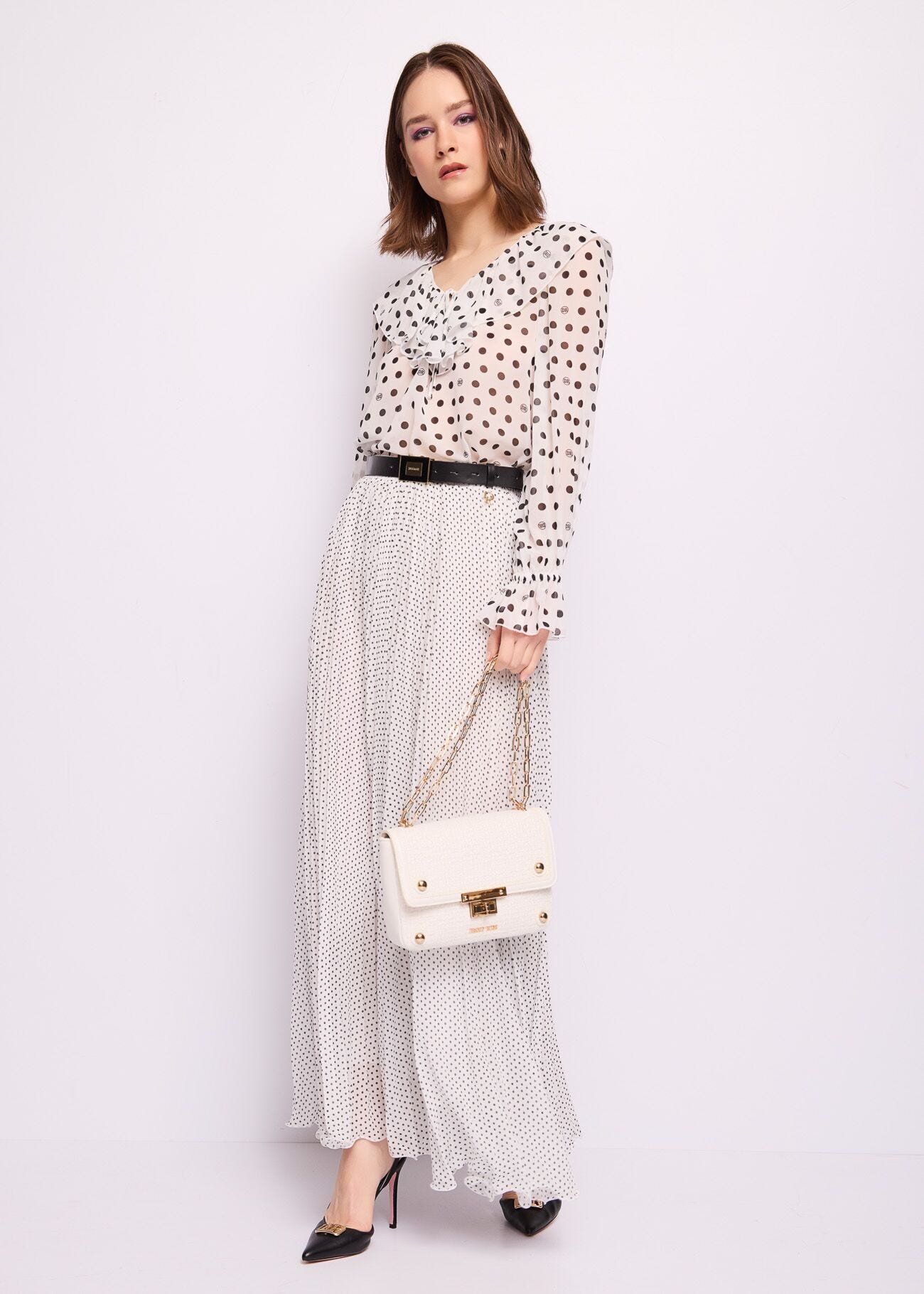 Pleated georgette polka-dot skirt