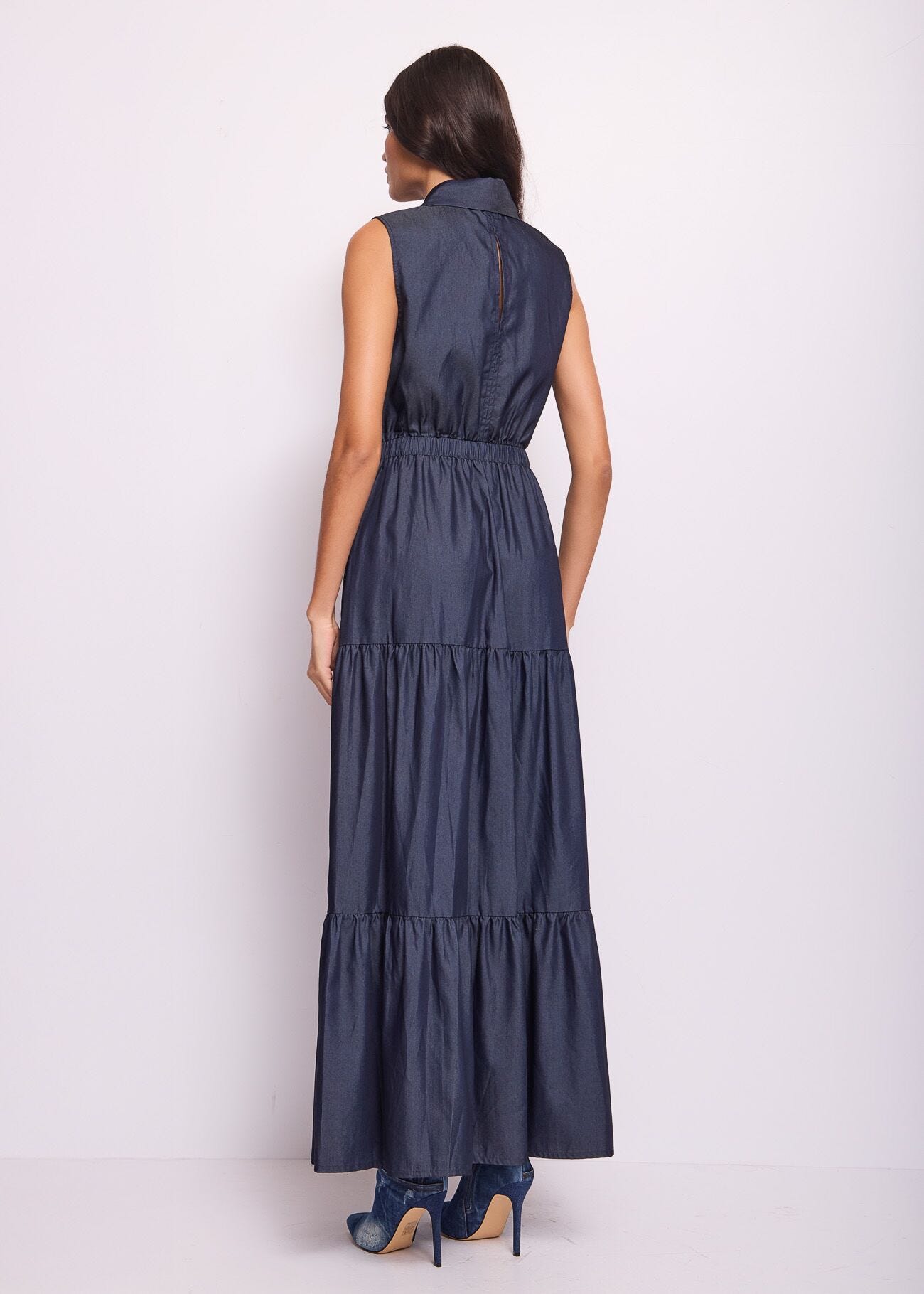 Abito lungo blu in chambray