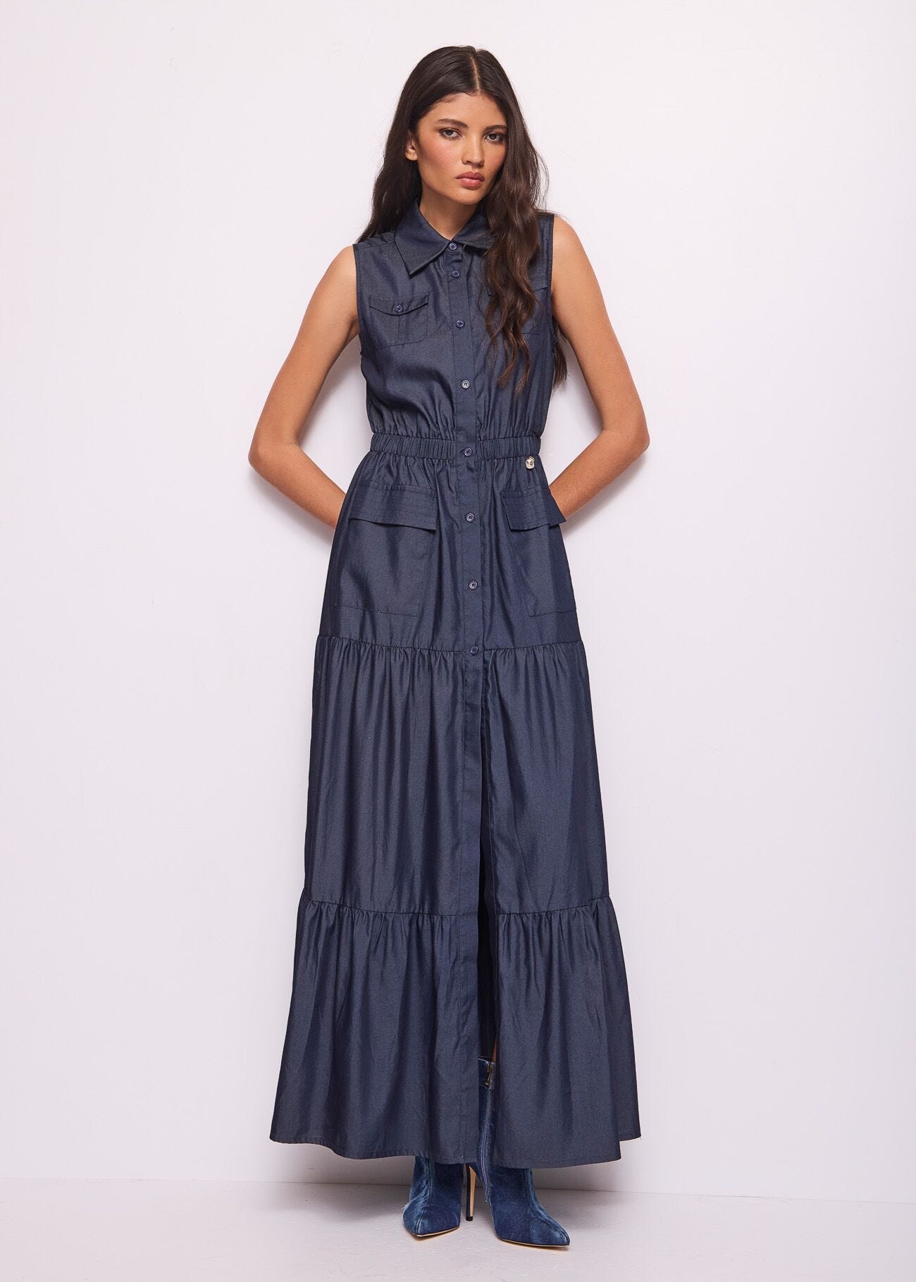 Abito lungo blu in chambray