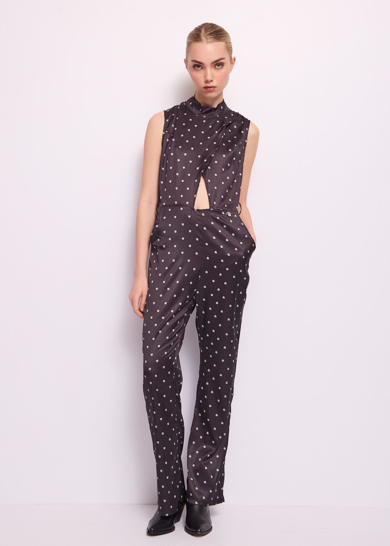 Black printed shiny satin jumpsuit