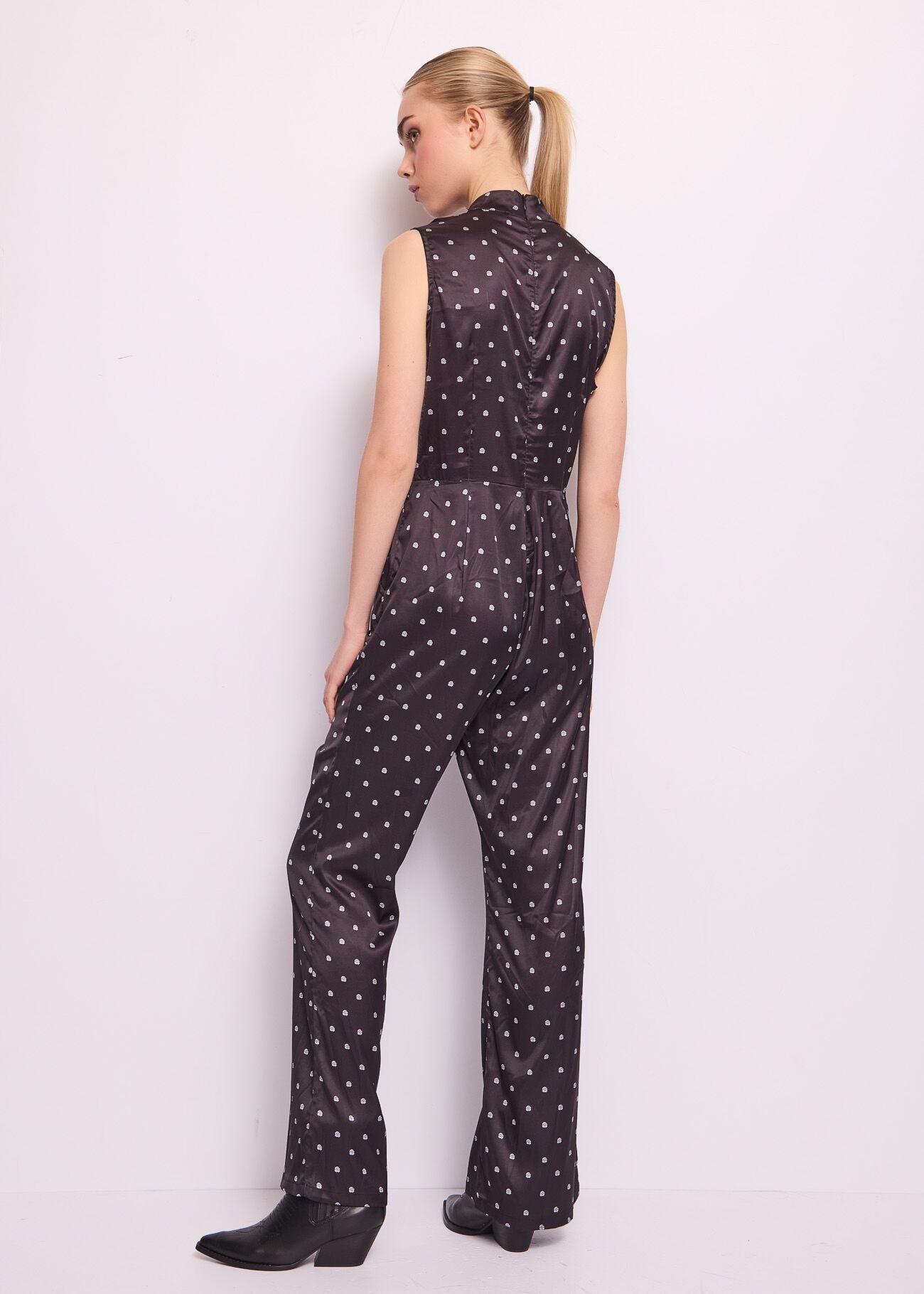 Black printed shiny satin jumpsuit