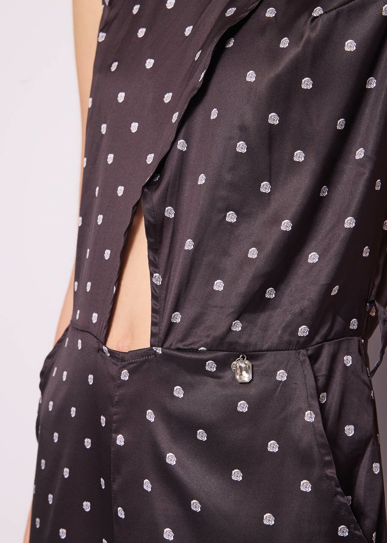 Black printed shiny satin jumpsuit