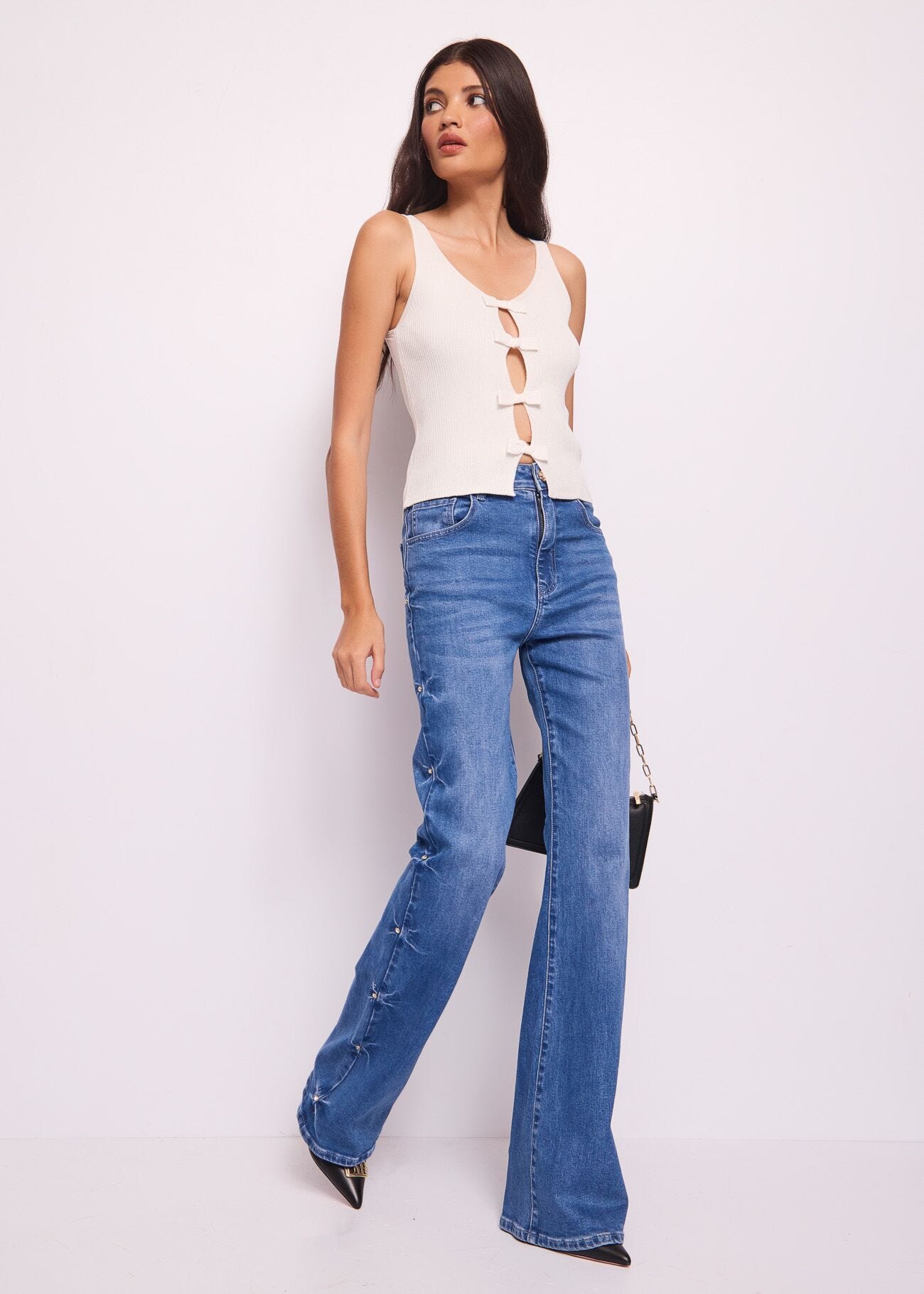 Jeans flare in cotone con strass