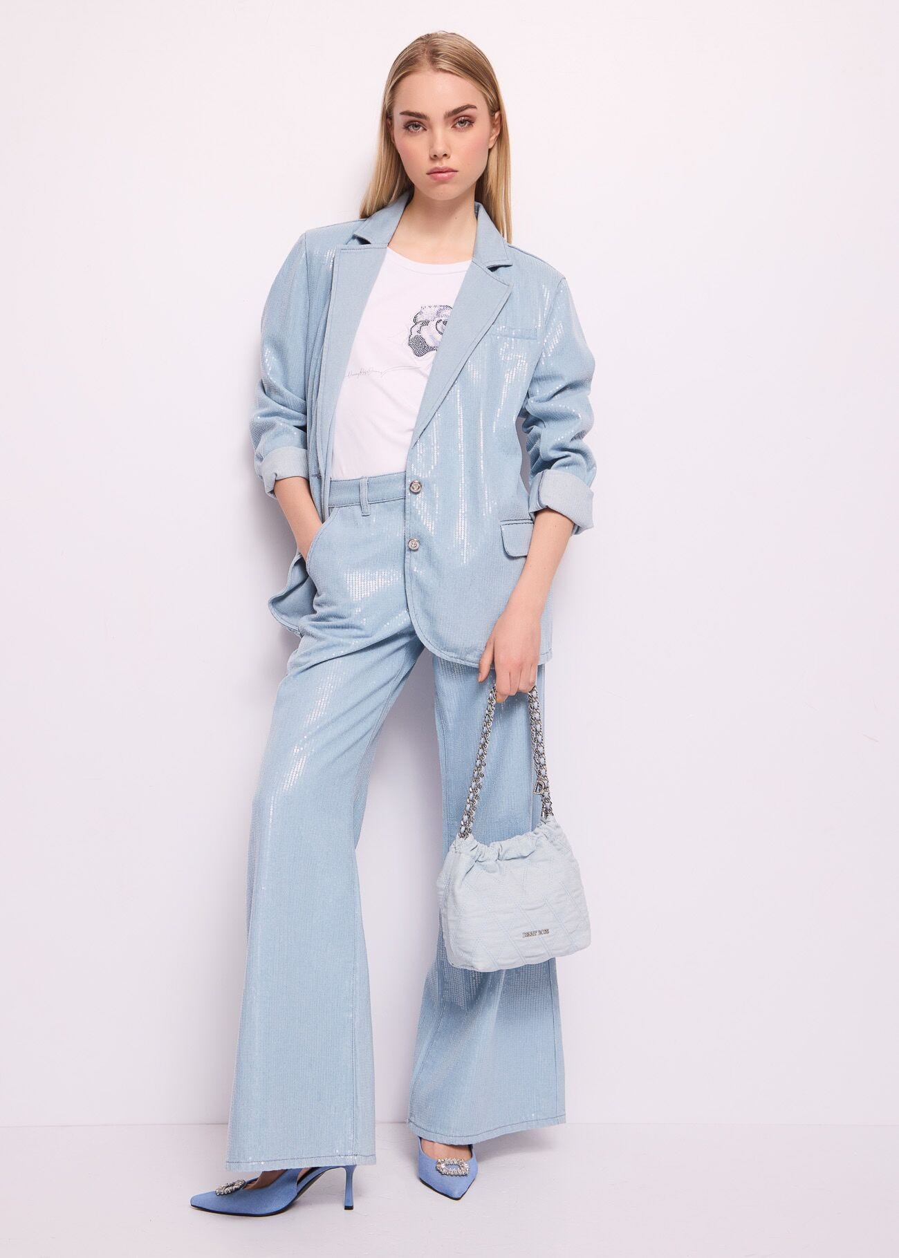Denim blazer with sequins