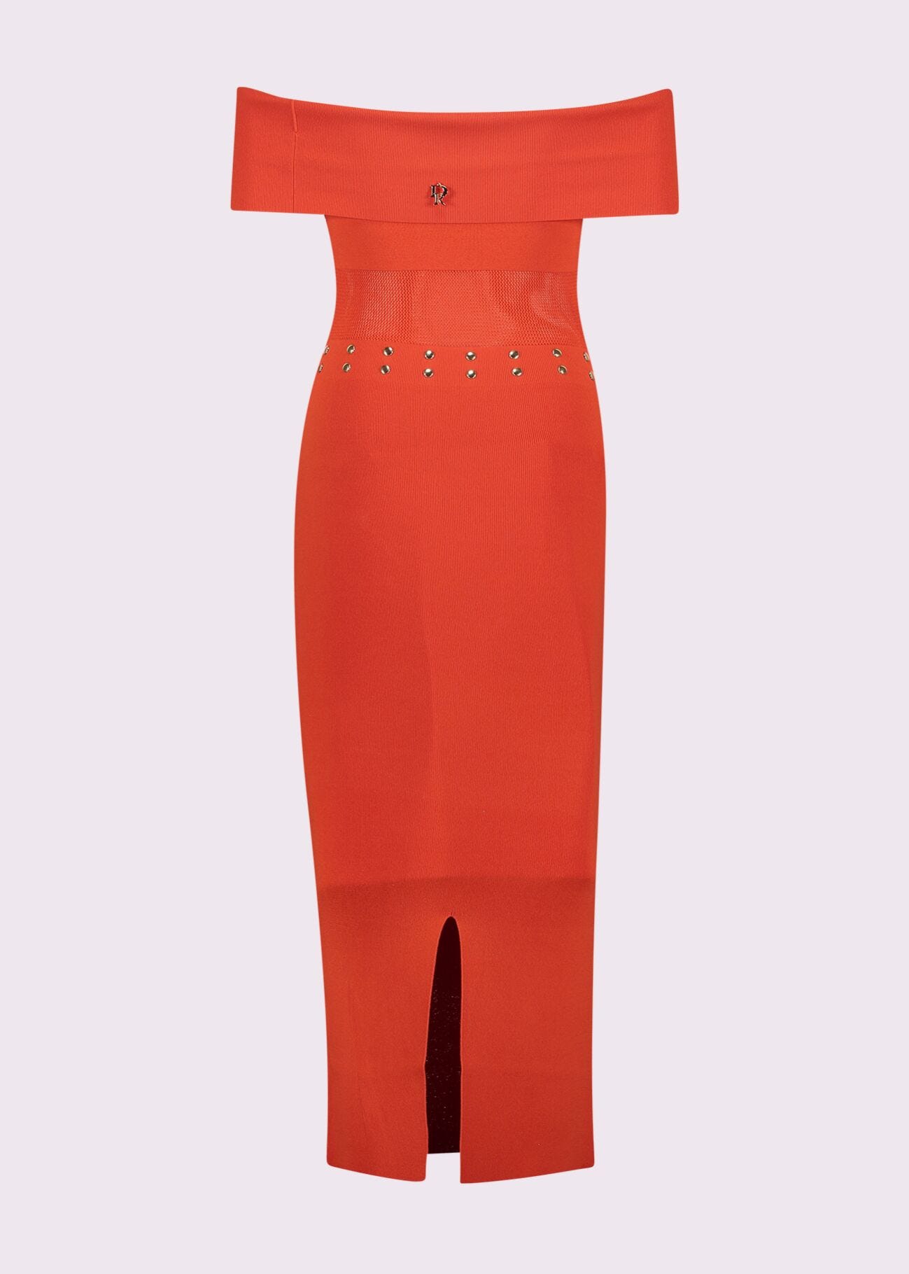 Abito rosso in maglia con borchie