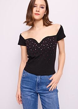 T-shirt nera in cotone con strass Denny Rose